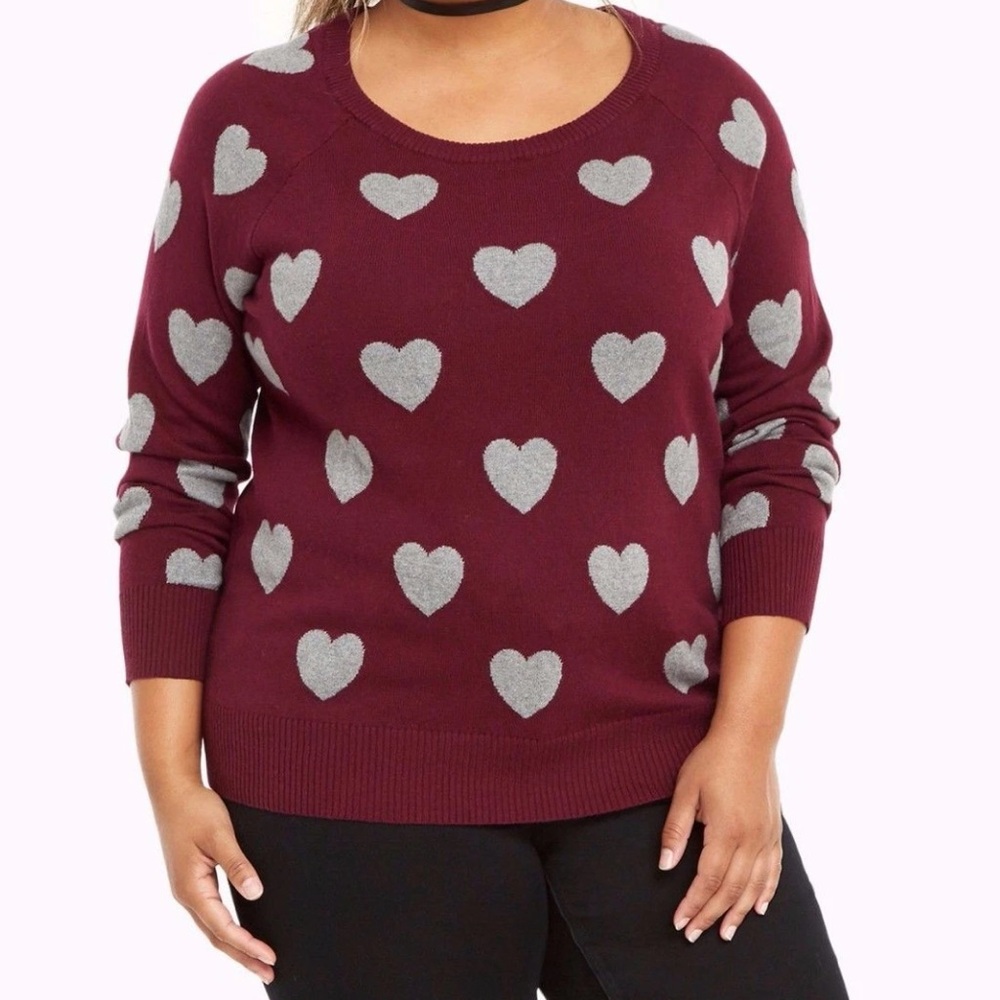 Torrid Burgundy Sweater w/ Gray Hearts - Size 0 (like Women’s L) Valentine’s Day